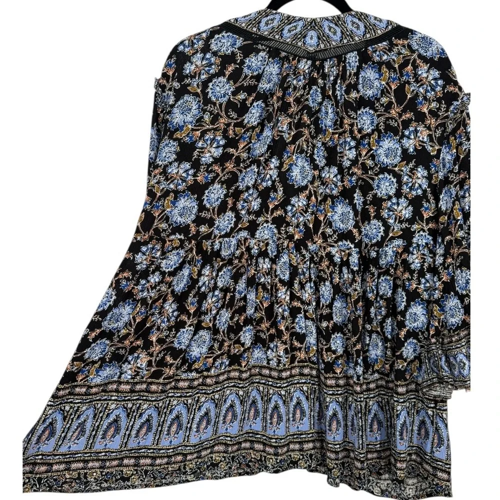 Free People Moonlight Dance‎ Floral Bell Sleeve Boho Tunic Top Blue Size Small